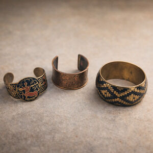 Vintage Boho Bracelet Set – Sagittarius Cuff, Etched Copper Cuff, Woven Bangle